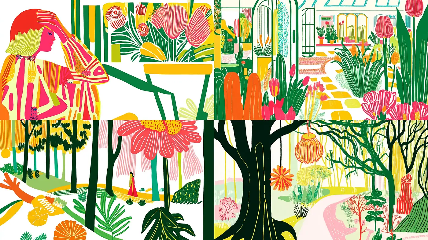 Vibrant Botanical Dreamscape in Modernist Illustration Style - Midjourney sref style