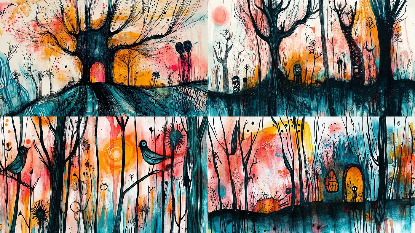 Whimsical Ink Dreamscape with Surreal Sunset Hues - Midjourney sref style