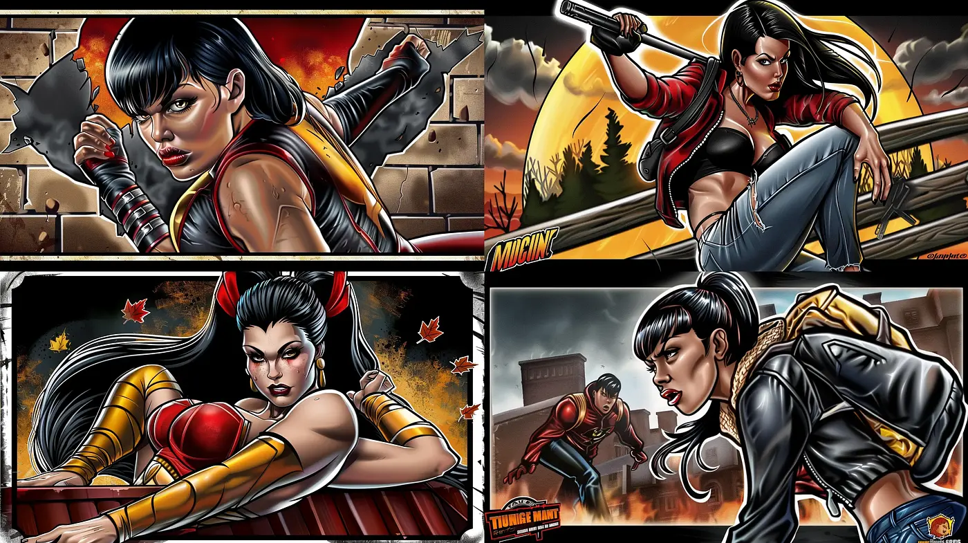 Dynamic Comic Book Heroine Art Style with Bold Contours and Strong Color Contrasts - Midjourney sref style