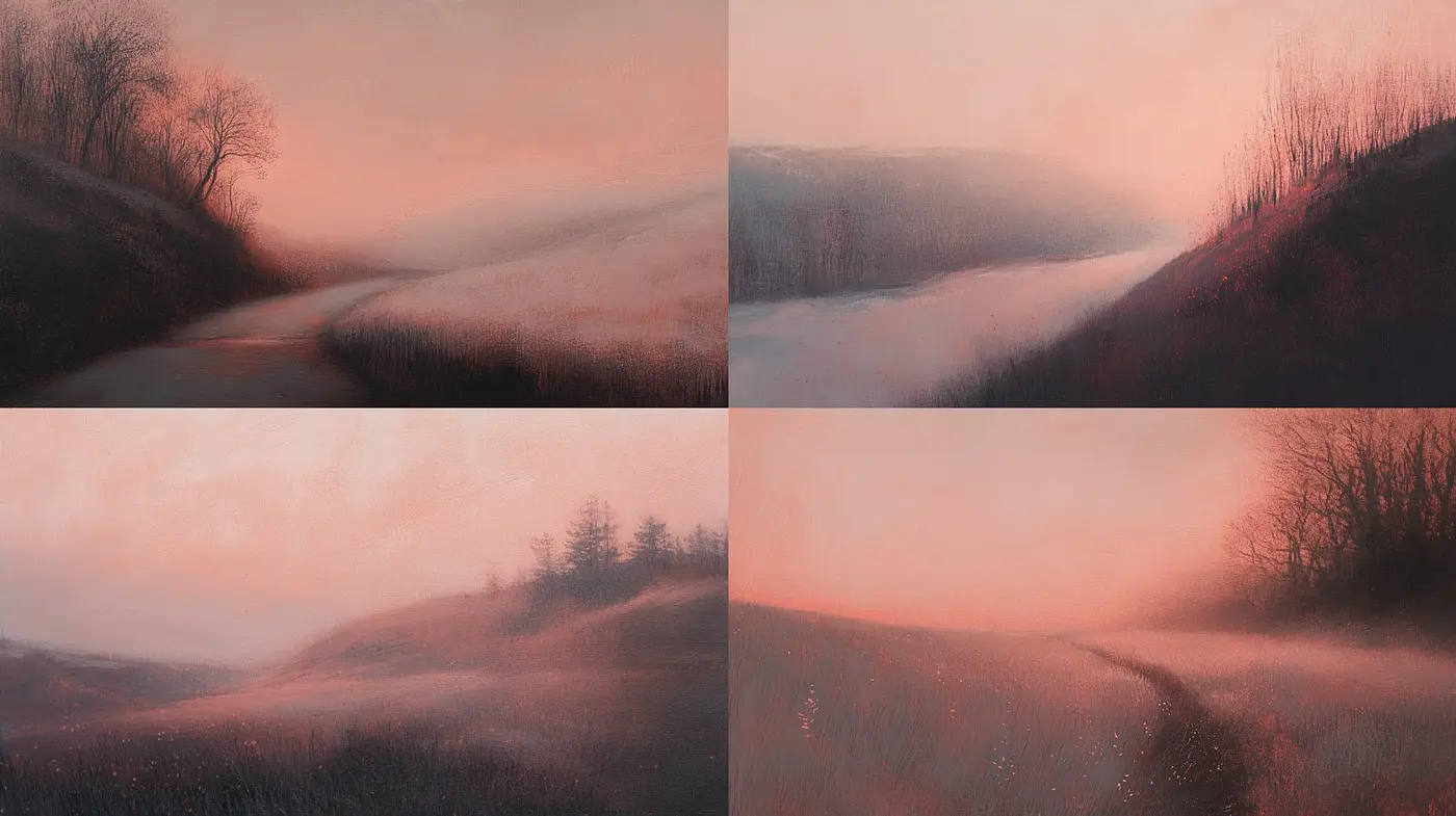 Twilight Serenity: A Symphony of Blushed Hues and Ethereal Landscapes - Midjourney sref style