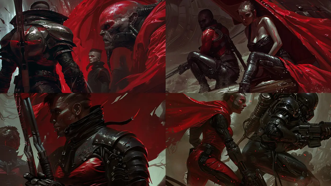 Crimson Echoes of a Futuristic Saga: A Striking Blend of Dark Sci-Fi and Red Intensity - Midjourney sref style