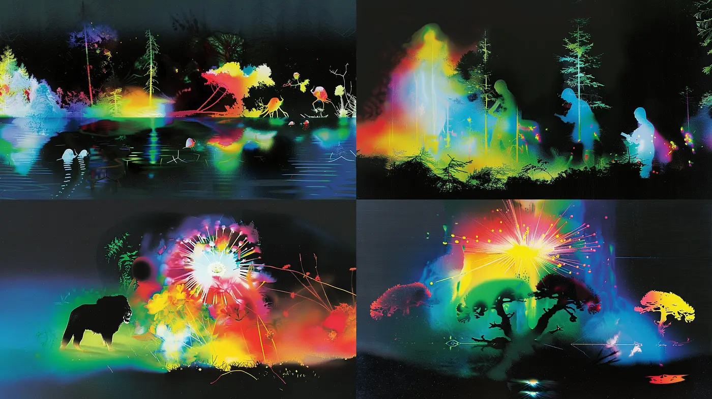 Vibrant Dreamscape Fusion: An Electric Synthesis of Nature and Neon - Midjourney sref style