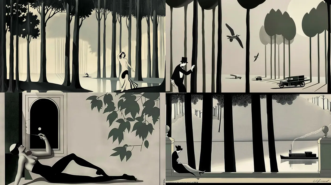 Monochromatic Silhouettes Amidst Serene Naturalism - Midjourney sref style