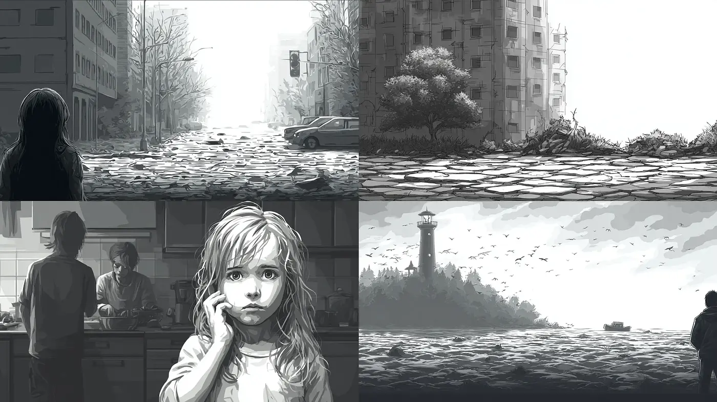 Dramatic monochrome illustrations with a storytelling quality - Midjourney sref style
