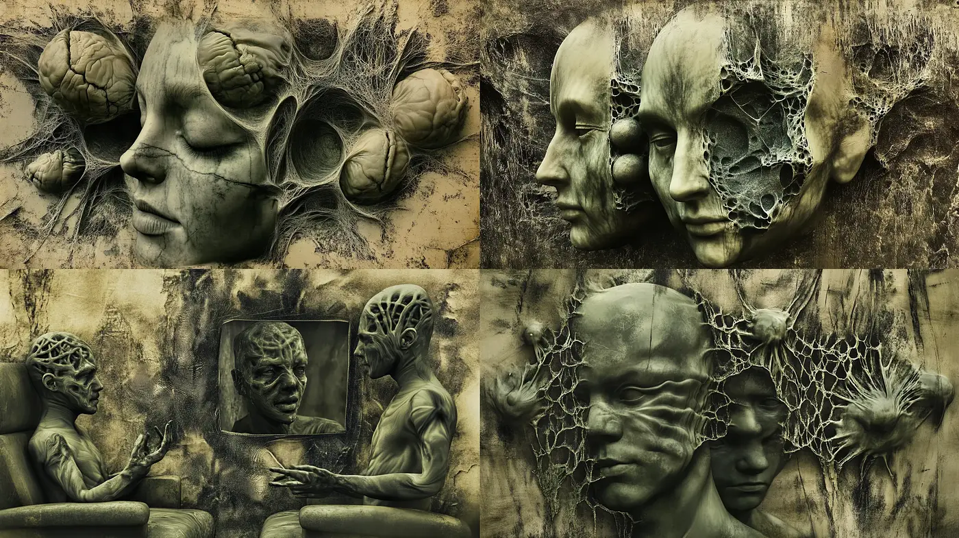 Surreal Anthropomorphic Textures in Monochromatic Sepia - Midjourney sref style