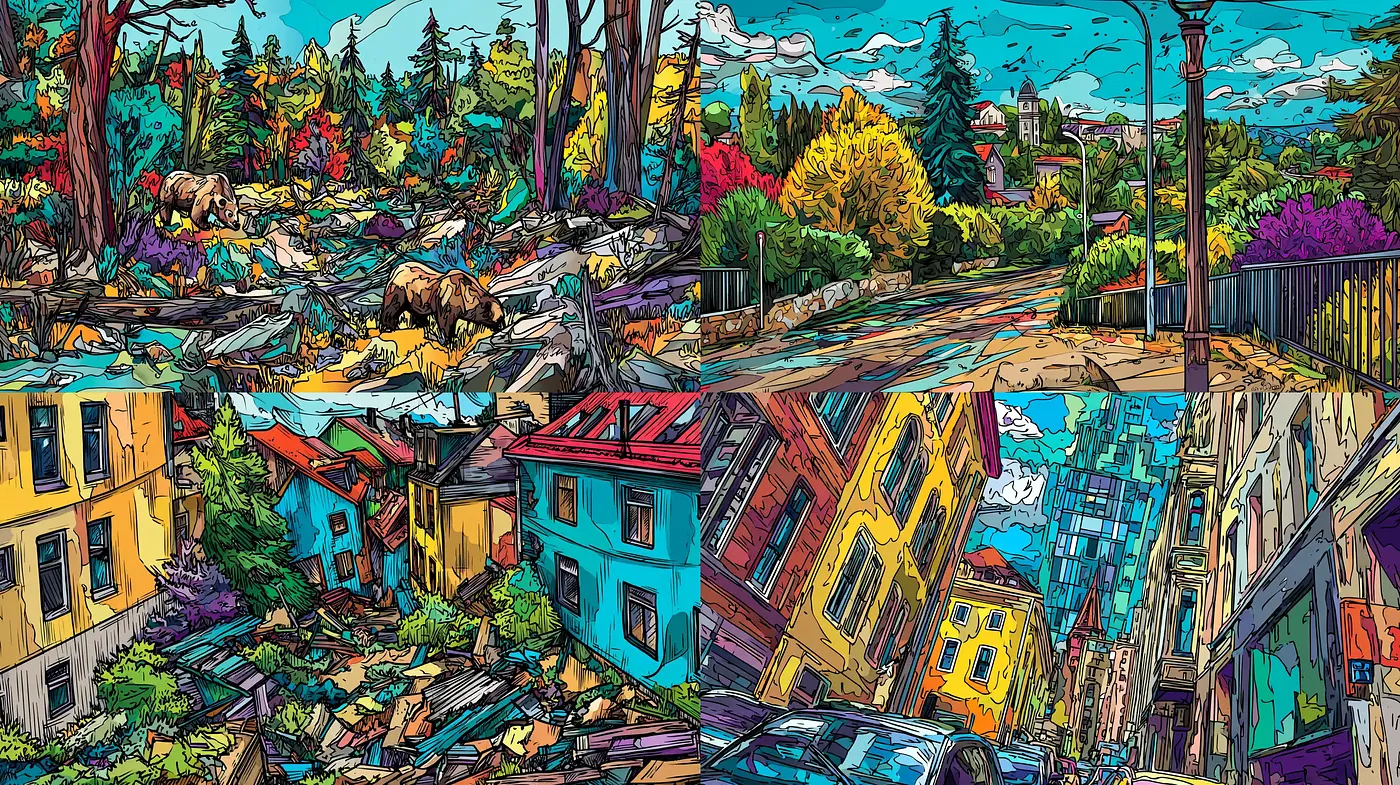 Vibrant, high-contrast urban landscapes with dynamic compositions - Midjourney sref style