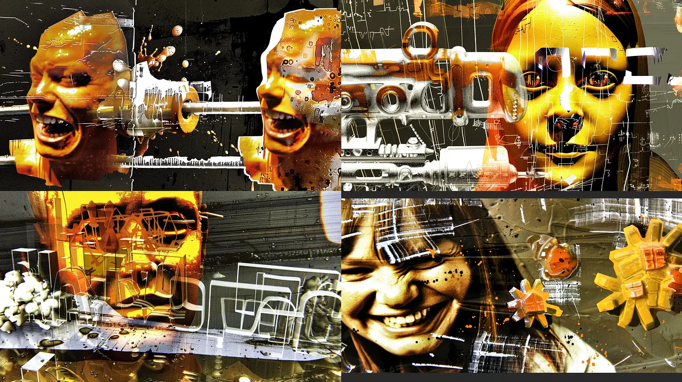 Abstract Distortion and Mechanical Integration in Digital Art - Midjourney sref style