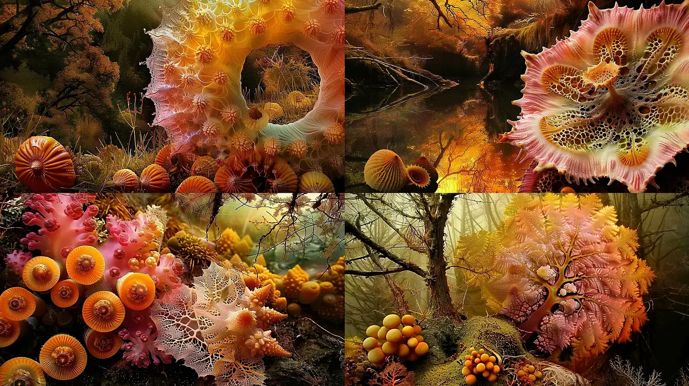 Autumnal Fantasia: An Intertwining of Organic Textures and Warm Hues - Midjourney sref style