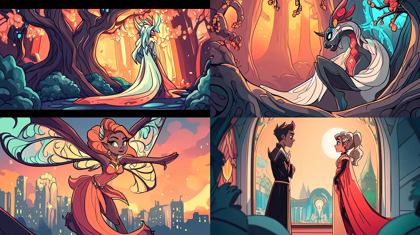 Enchanted Twilight: A Harmonious Fusion of Vivid Hues and Whimsical Elegance - Midjourney sref style