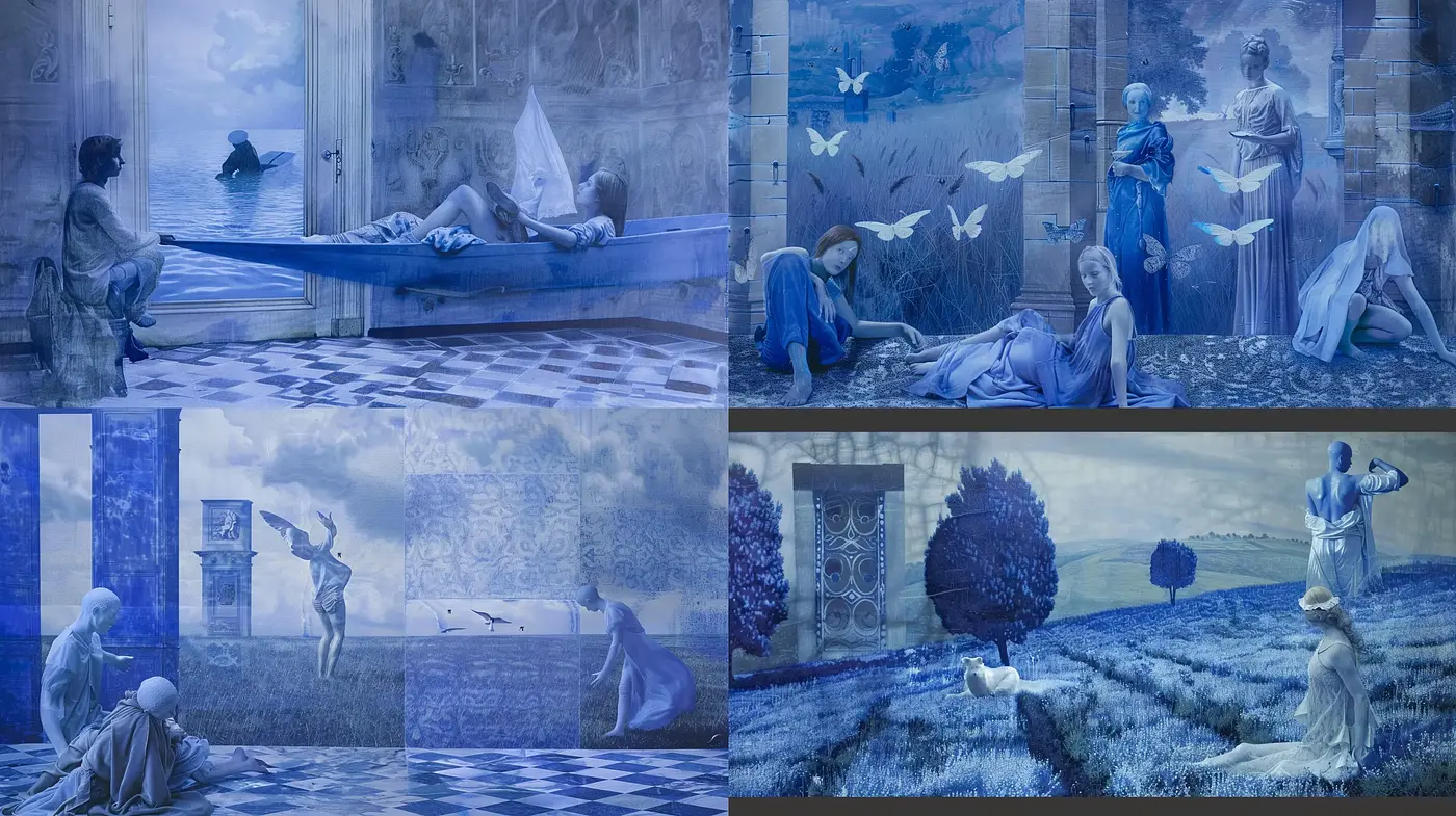 Ethereal Blue Dreamscapes: A Meld of Surrealism and Serenity - Midjourney sref style