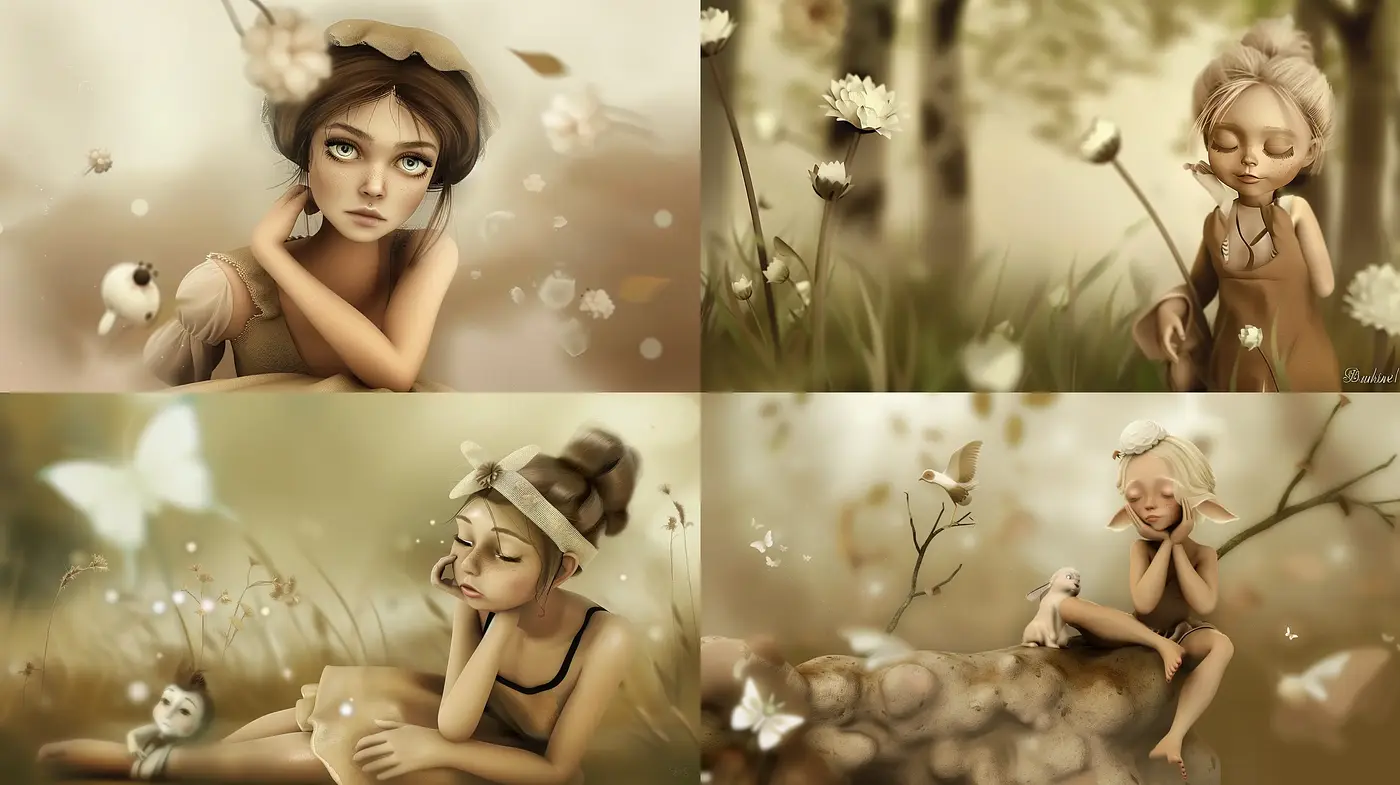 Sepia-Toned Pastoral Dreamscape Portraits - Midjourney sref style