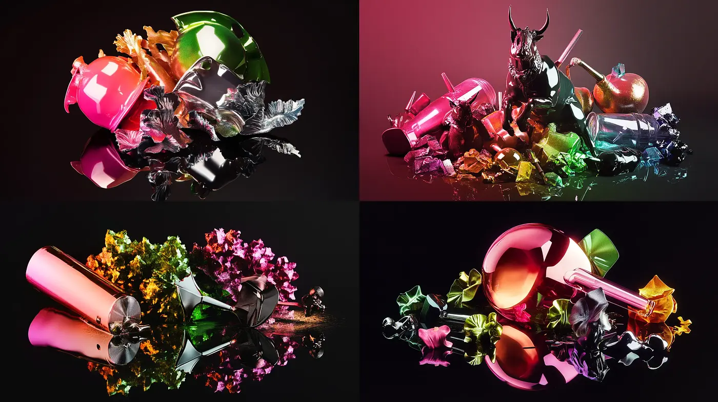 Luminous Chromatic Abstractions - A Synchronous Blend of Reflective Surfaces and Floral Arrangements - Midjourney sref style