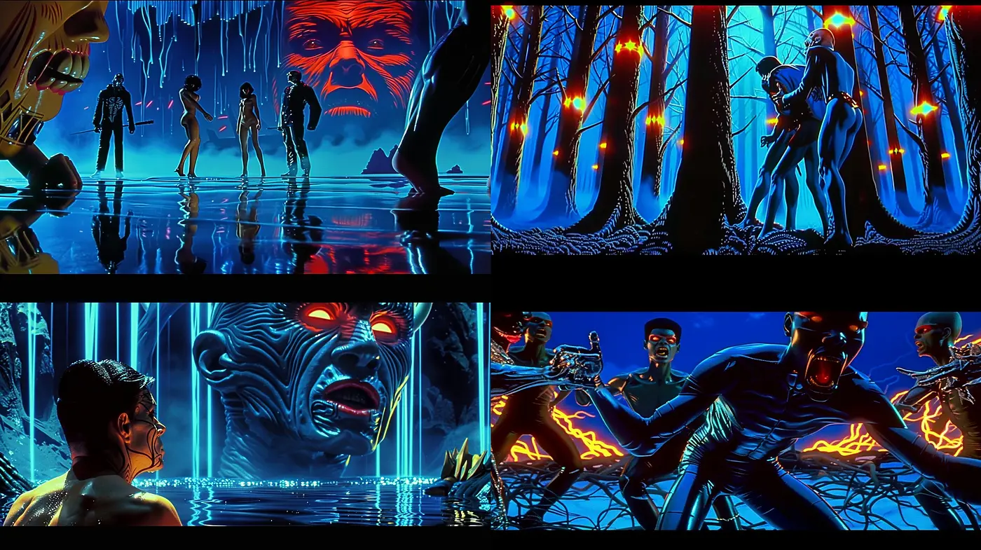 Futuristic Noir Dreamscape: A Synthesis of Neon Glow and Surrealist Imagery - Midjourney sref style