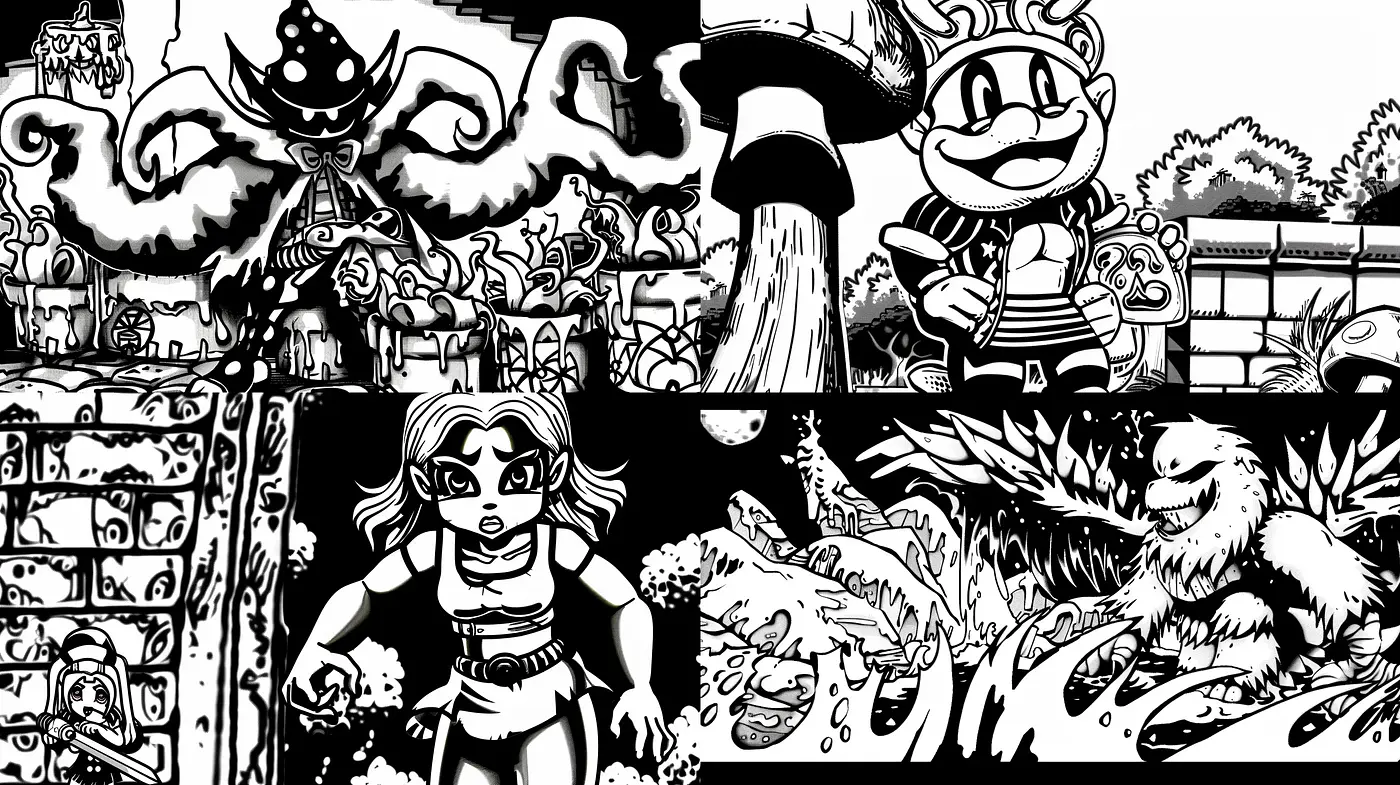 Monochrome Dynamic Comic Book Panache - Midjourney sref style