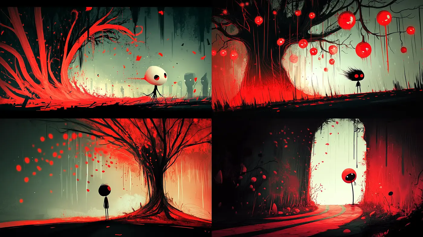 Surreal Crimson Dreamscape: An Artistic Fusion - Midjourney sref style