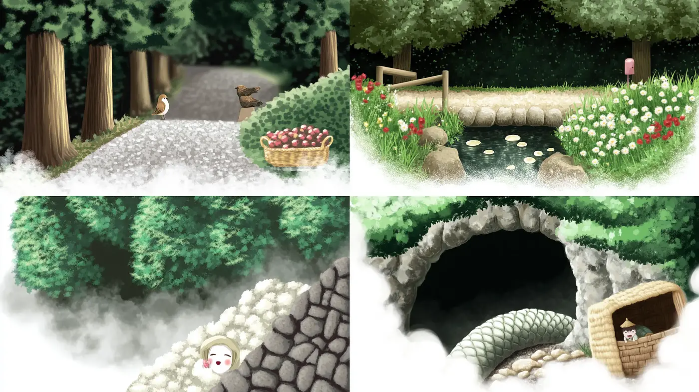 Enchanted Forest Whimsy: A Consistent Tale of Textured Greens and Mysterious Pathways - Midjourney sref style