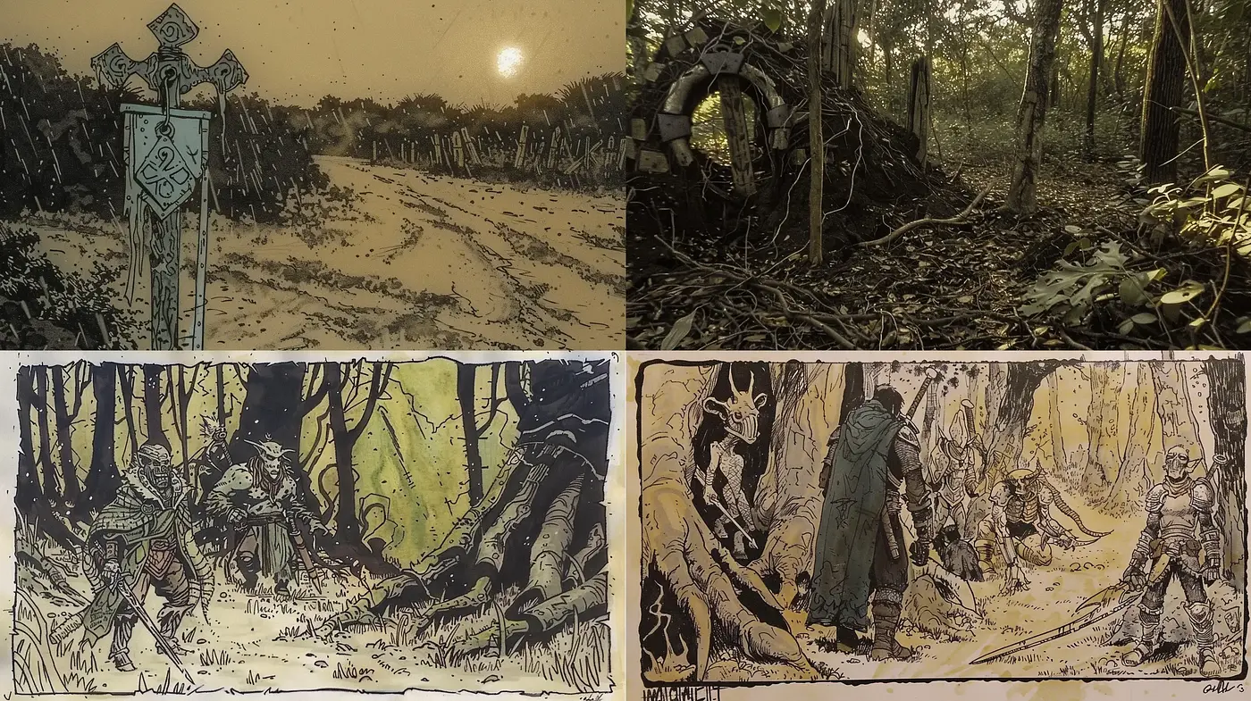 Dusky Hues and Stylized Wilderness: A Consistent Pastiche across Varied Scenes - Midjourney sref style