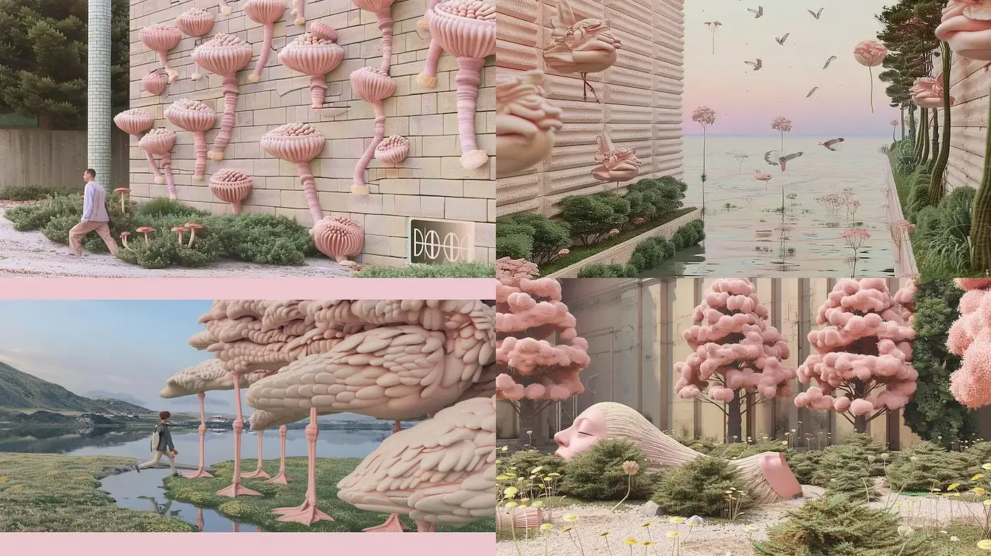 Surreal and dreamlike landscapes infused with organic forms and soft textures - Midjourney sref style