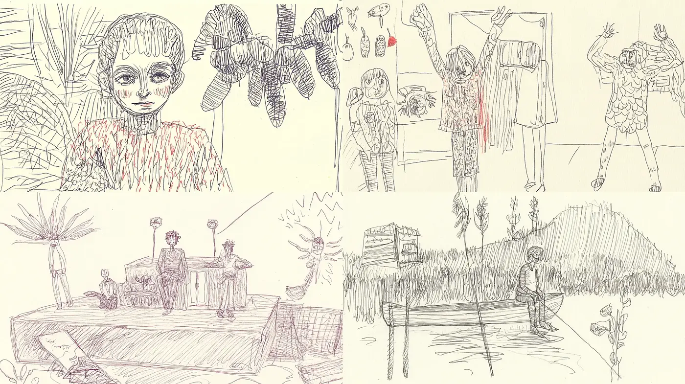 Whimsical Ink-drawn Dreamscape with a Sepia Essence - Midjourney sref style