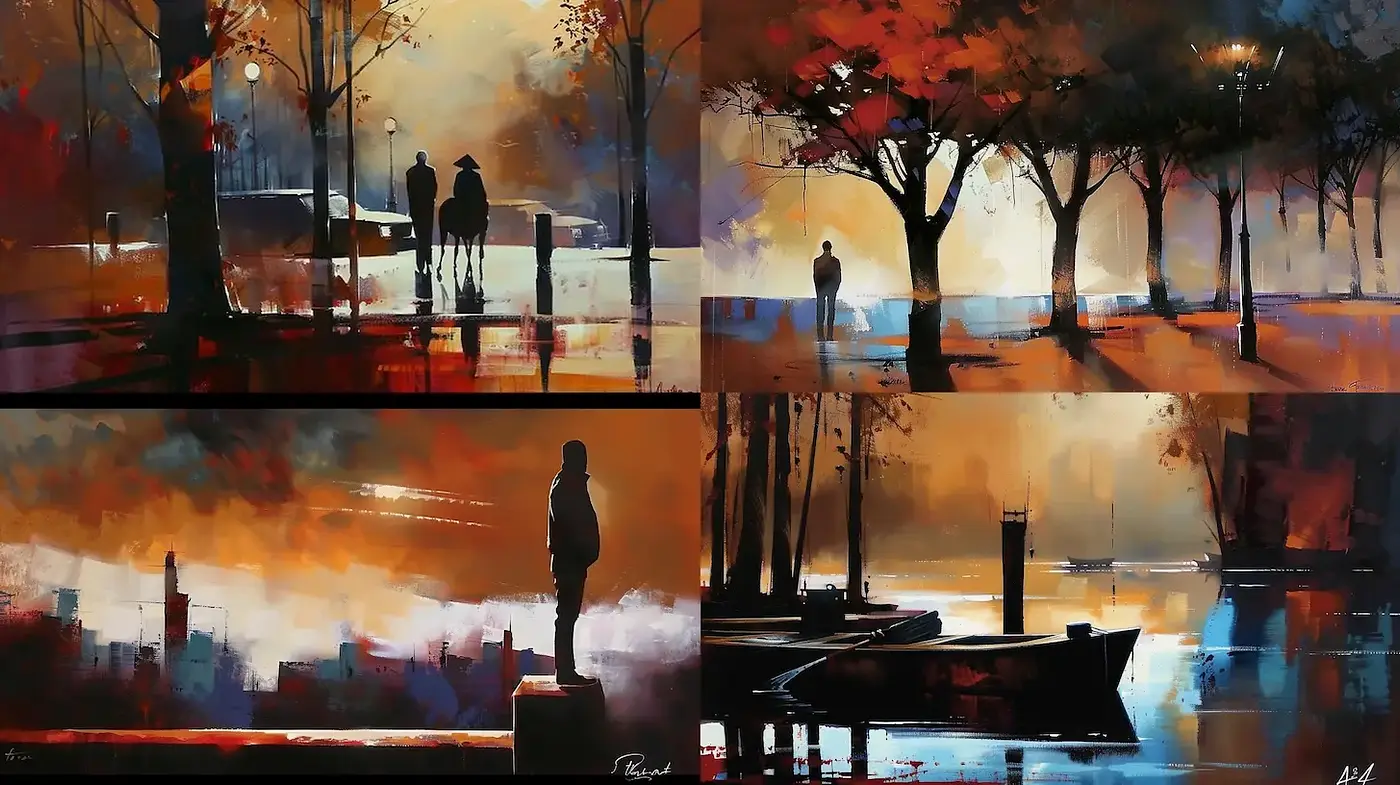 Moody and Reflective Cityscapes with Vivid Contrasts - Midjourney sref style
