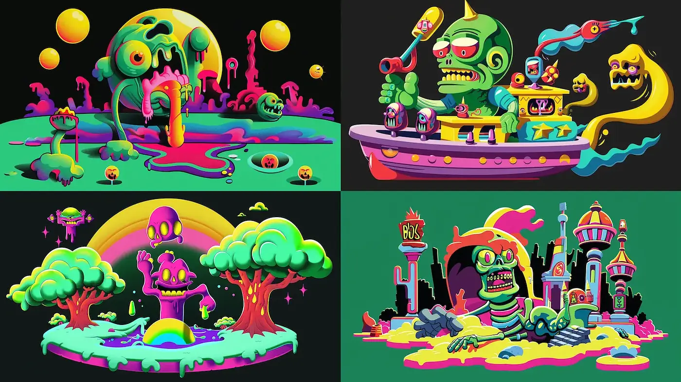 Vibrant and Playful Cartoonish Style with a Retro Horror Vibe - Midjourney sref style