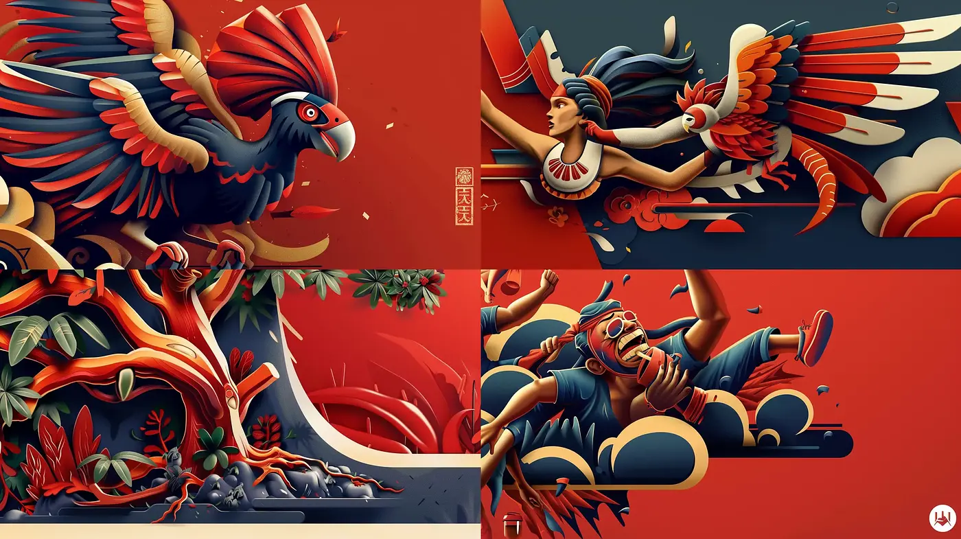 Vibrant Mythical Stylization with Harmonious Red and Teal Contrasts - Midjourney sref style