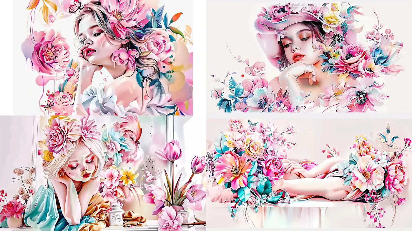 Ethereal Blossom Reverie: A Stylized Fusion of Flowery Elegance - Midjourney sref style