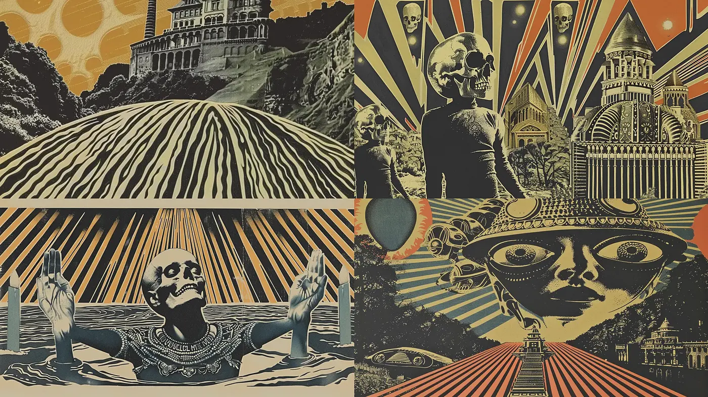 Retrofuturistic Surrealism with Collage-Like Assembly and Psychedelic Overtones - Midjourney sref style