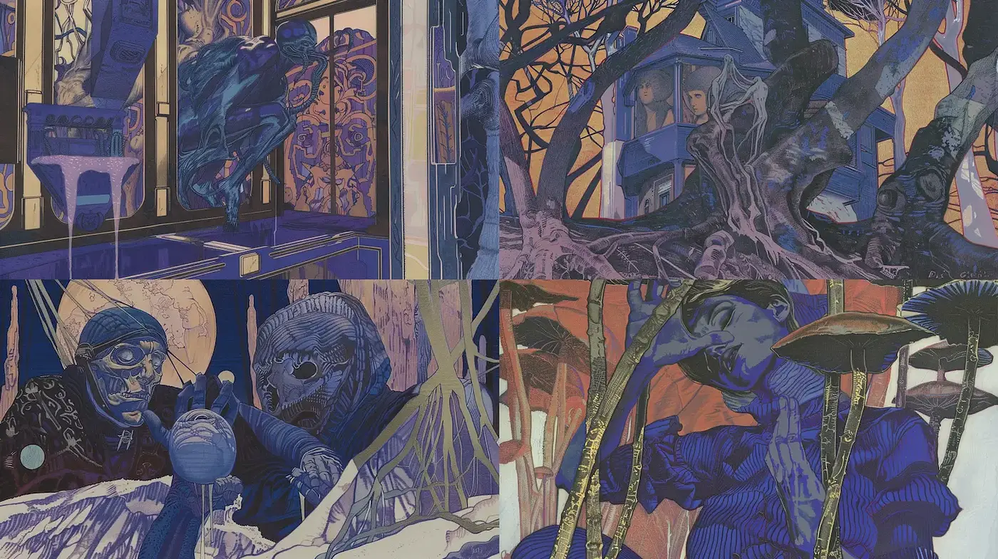 Surreal, atmospheric illustrations with a dark, mystical essence - Midjourney sref style