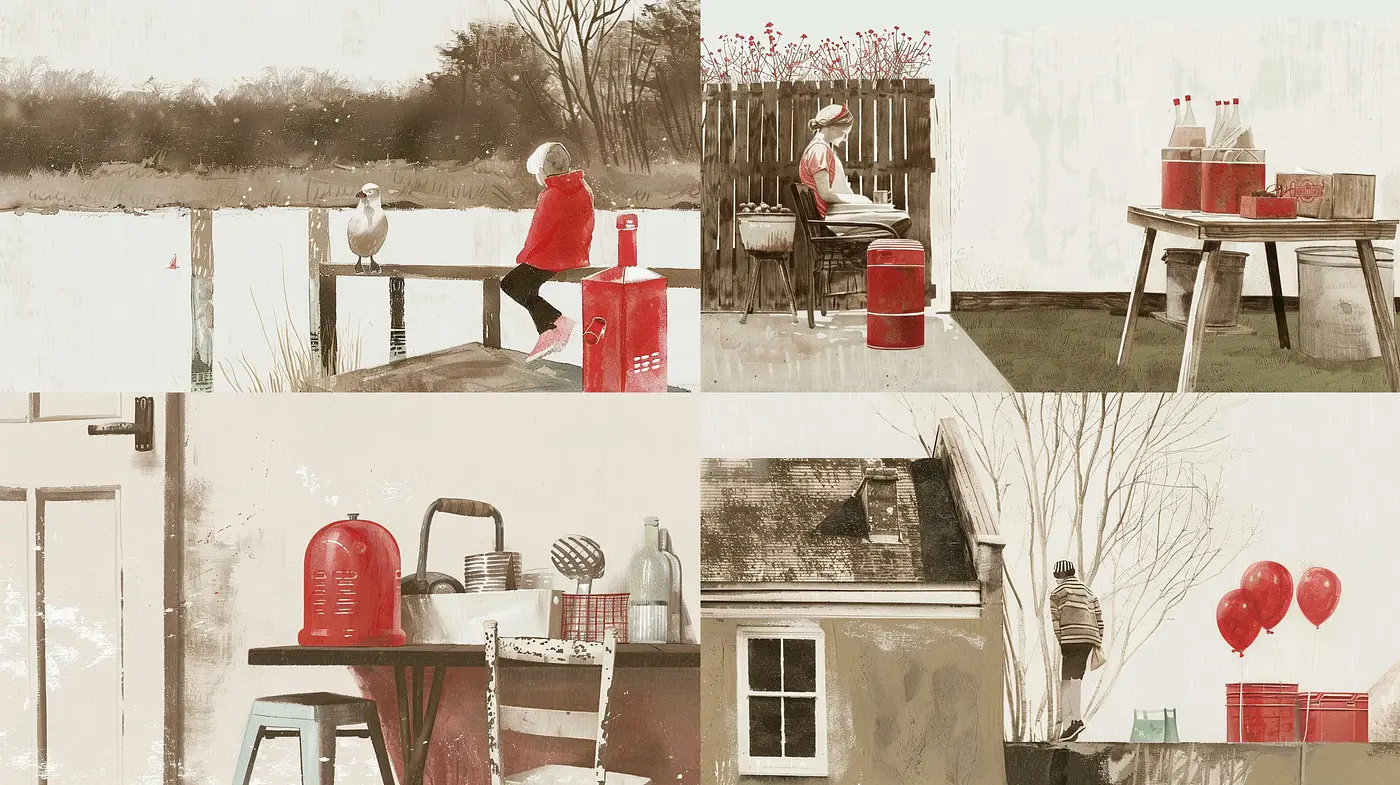 Rustic Serenity: A Study in Pastel Textures and Red Accents - Midjourney sref style