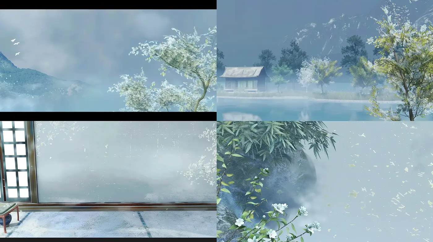 Tranquil Brushstrokes of Misty Landscapes and Ethereal Blossoms - Midjourney sref style