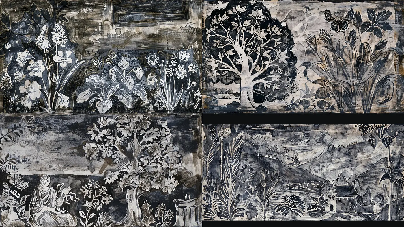 Monochromatic Tapestry of Nature and Mythology in a Chiaroscuro Woodblock Print Style - Midjourney sref style