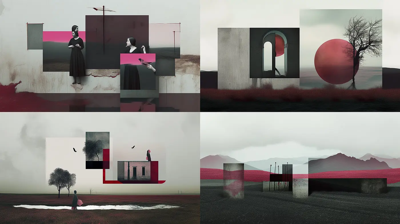 Ethereal Desolation and Geometric Surrealism: A Fusion of Bleak Landscapes and Vivid Imaginings - Midjourney sref style