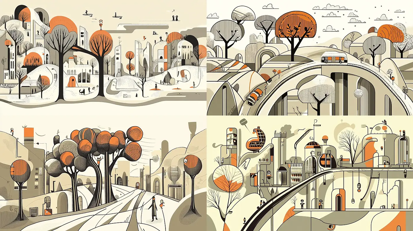 Harmonious Autumnal Cityscapes with Stylized Geometric Forms - Midjourney sref style