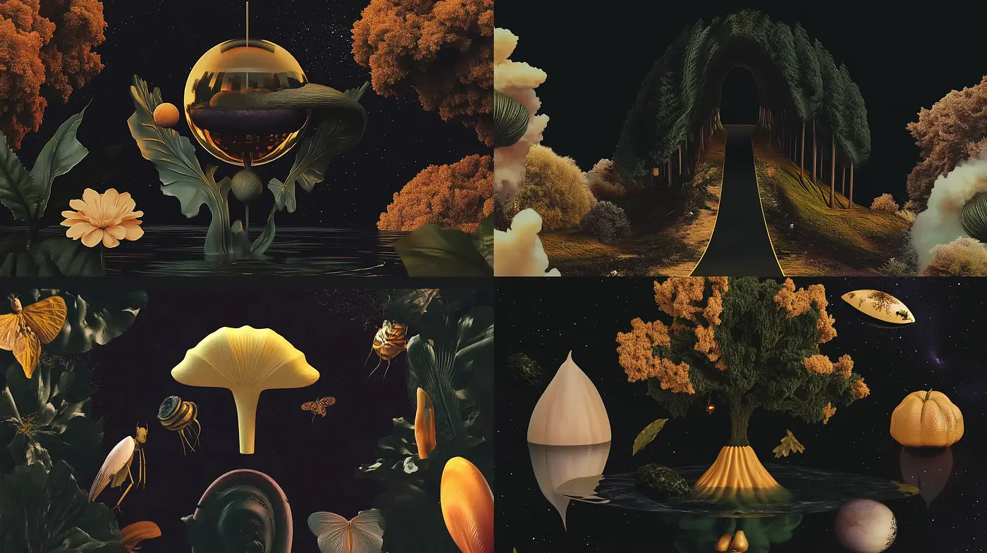 Ethereal Nocturnal Dreamscape with Surreal Botanical Elements - Midjourney sref style