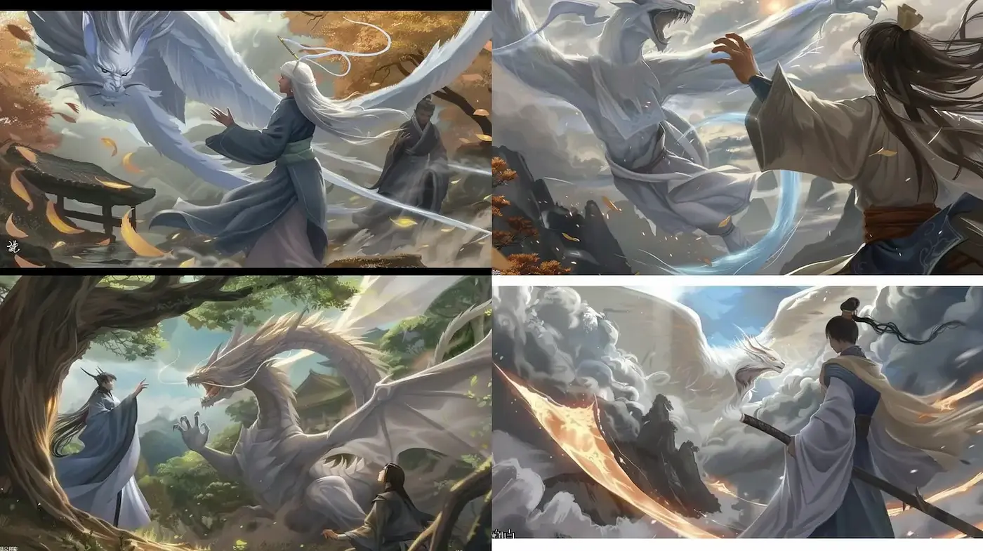 Ethereal fantasy landscapes with dynamic character interactions - Midjourney sref style