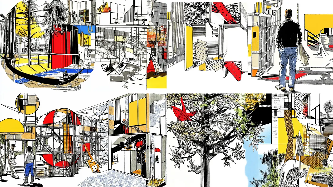Contemporary Graphic Collage with a Dynamic Architectural Essence - Midjourney sref style