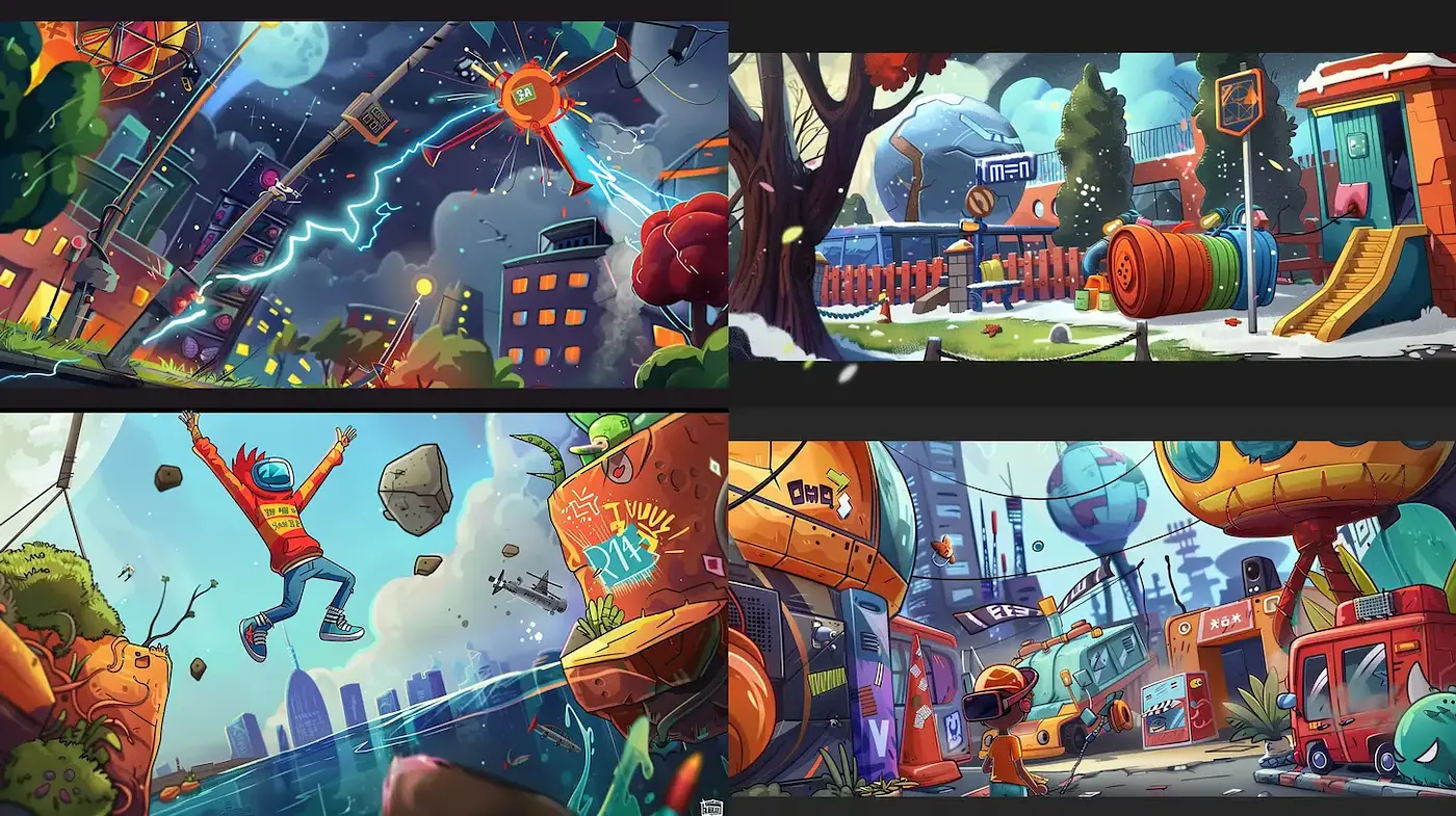 Vibrant Futuristic Urban Scenes with Cartoonish Aesthetics - Midjourney sref style