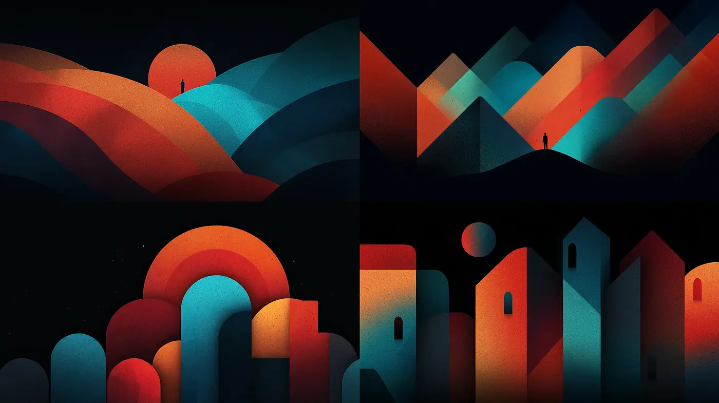 Dynamic and Geometric Scenic Landscapes with a Bold Color Splash - Midjourney sref style