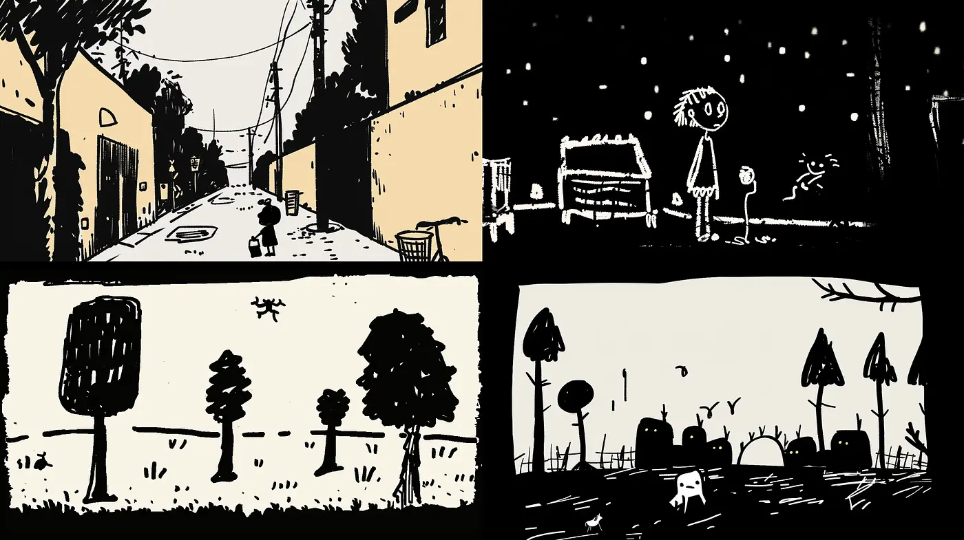 Monochrome Whimsy: Stark Contrasts in a Stylized Noir Fantasy - Midjourney sref style