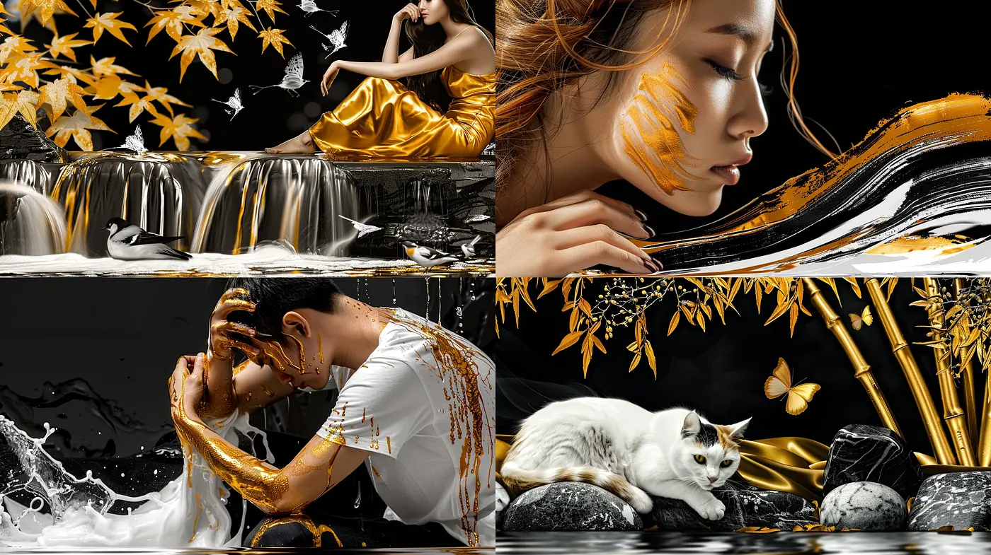 Luminous Contrasts: Elegance and Fluidity in Golden Hues Against Monochrome - Midjourney sref style