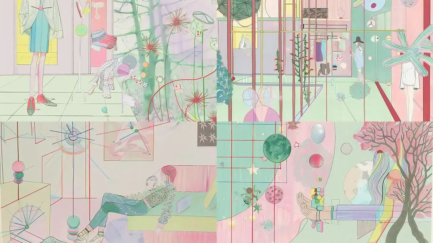 Whimsical and Dreamy Illustrations Blending Soft Colors with Abstract Elements - Midjourney sref style