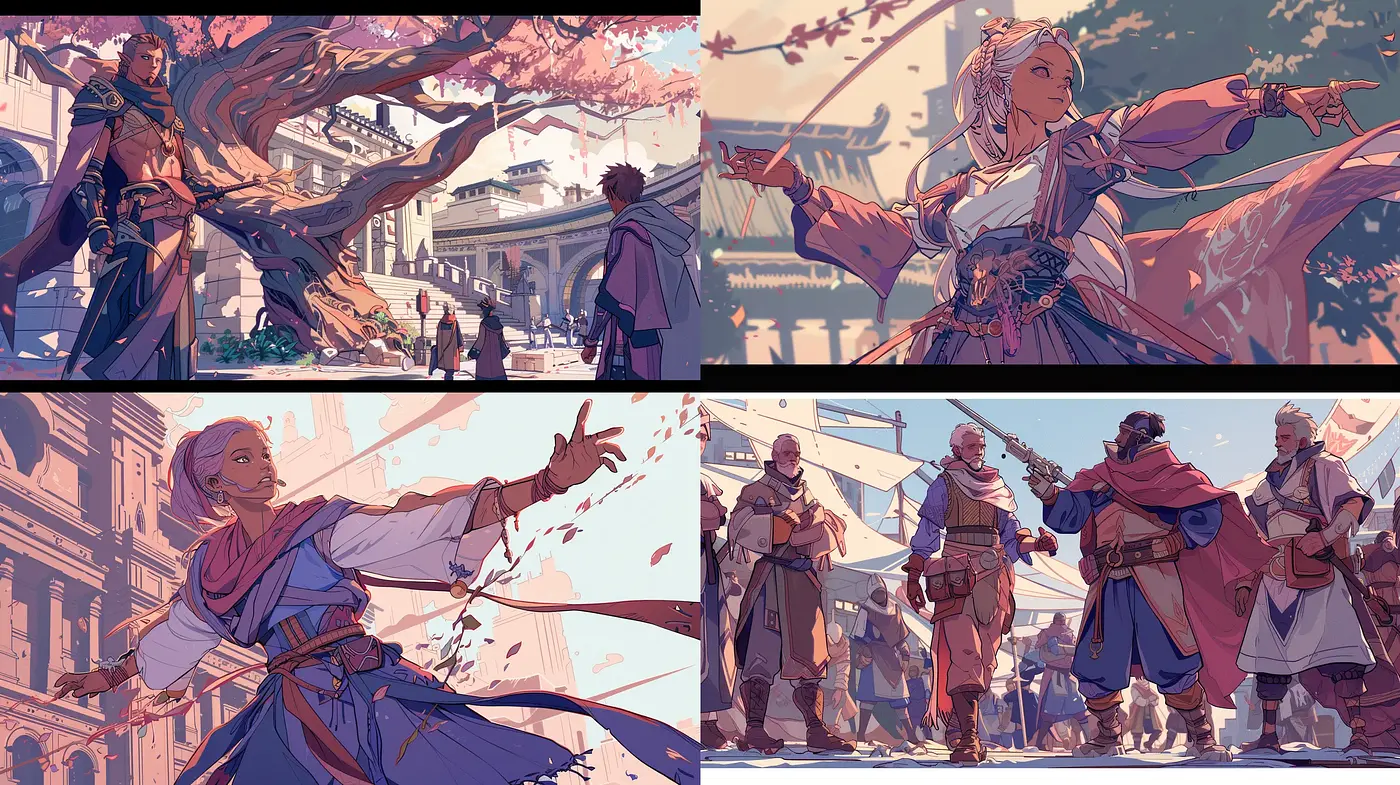 Epic Narrative Illustration with a Romanticized Anime Influence - Midjourney sref style
