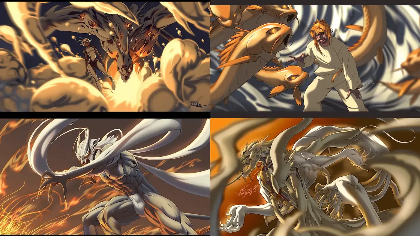 Dynamic and Intense Illustrative Style with Mythological Influences - Midjourney sref style