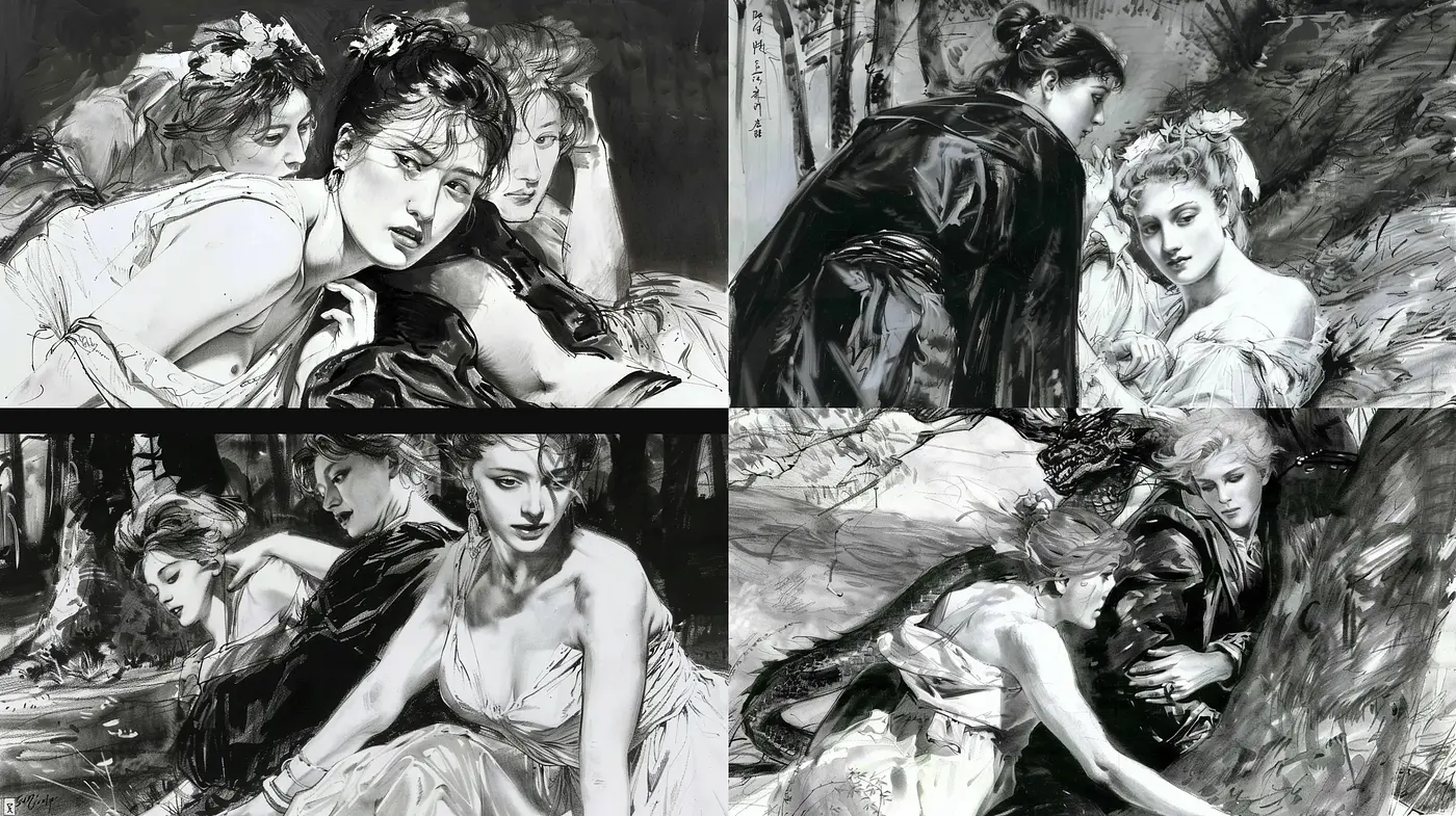 Monochromatic Elegance with Dramatic Brushwork - Midjourney sref style