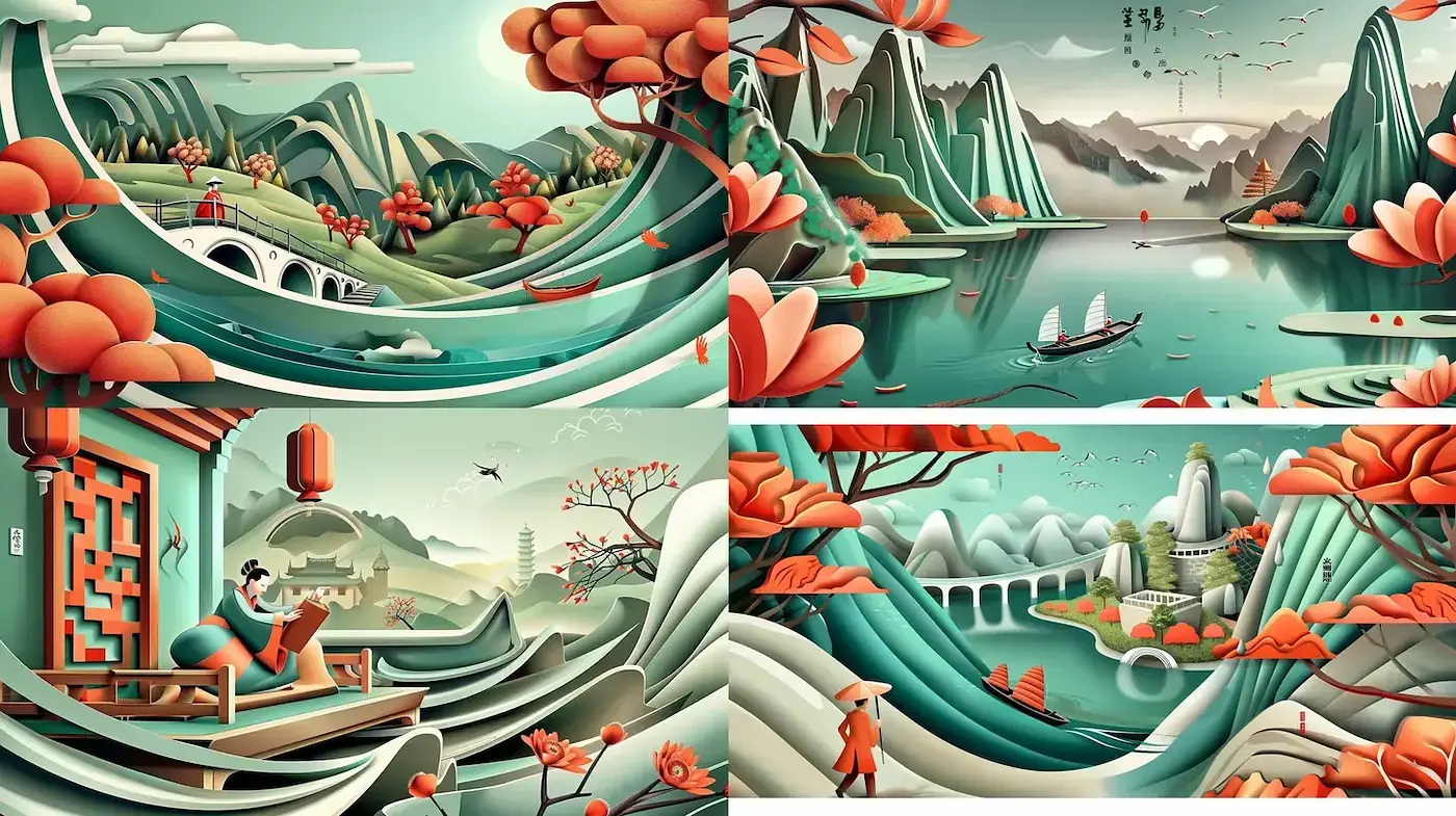 Serenity of Stylized Pastoral Landscapes: A Harmony of Curvilinear Forms and Warm Tones - Midjourney sref style