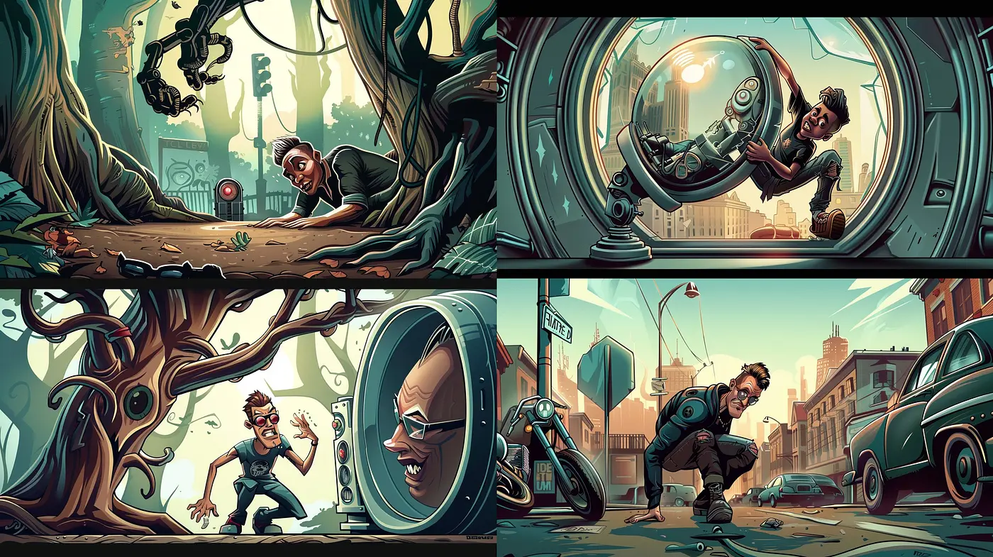 Stylized Retrofuturistic Vignettes with Vibrant Comic-Inspired Aesthetics - Midjourney sref style