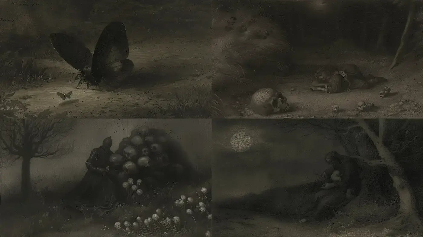 Dark and Hauntingly Surrealistic Artwork with a Touch of Memento Mori - Midjourney sref style