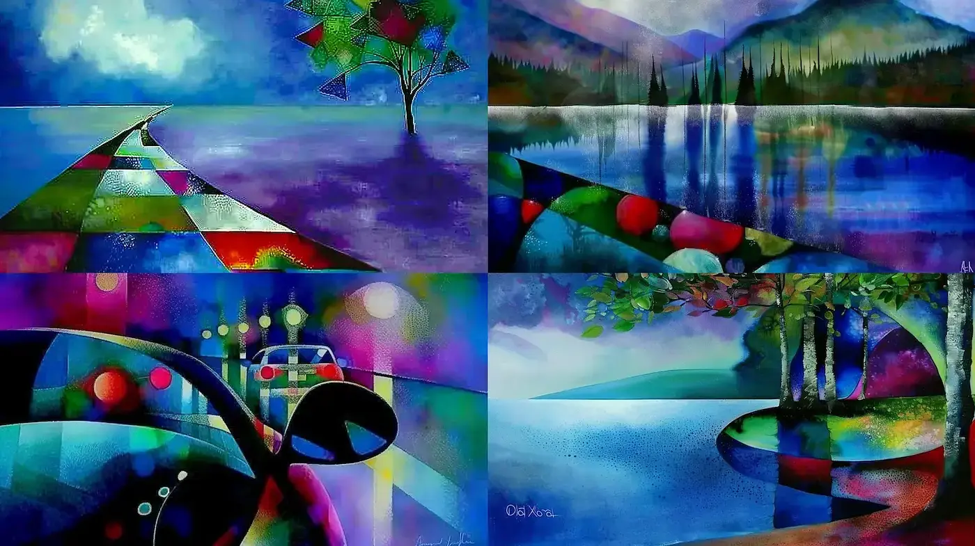Vibrant abstract landscapes with geometric patterns and dreamlike qualities - Midjourney sref style