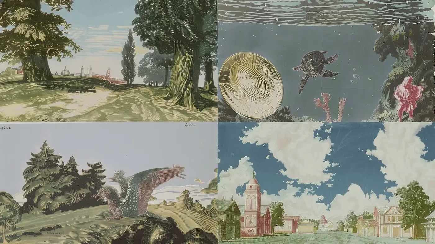 Surreal landscapes with whimsical themes and rich textures - Midjourney sref style